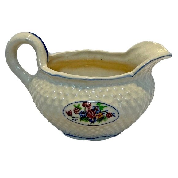 Vintage Japan K Porcelain Creamer Basket Weave Blue Trim Floral 1950s - Picture 2 of 7